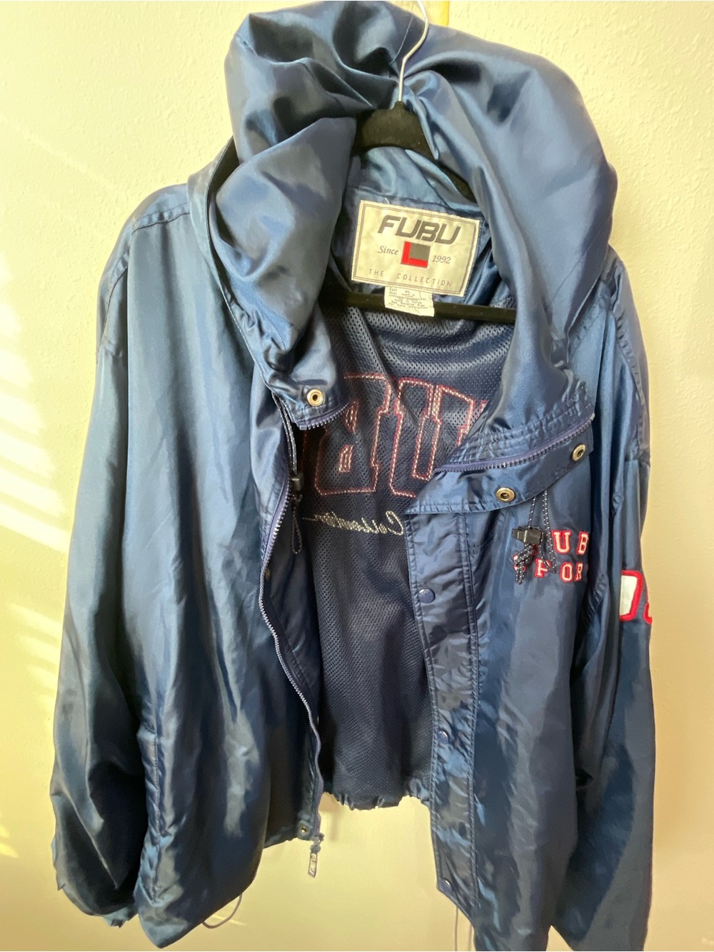 FUBU Navy Satin Snap-Front Jacket with Script Button
